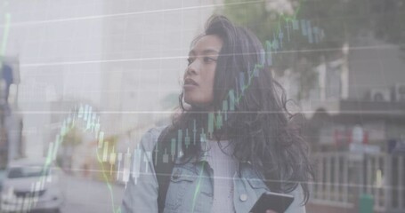 Poster - Animation of financial data processing over confused asian woman using smartphone on the street