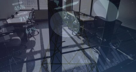 Poster - Animation of statistical data processing over empty office against network towers