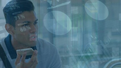 Poster - Animation of infographic interface over biracial man talking on speaker of cellphone