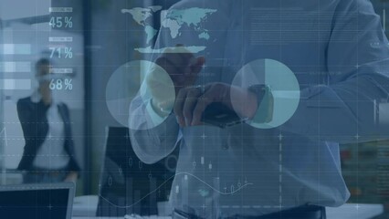 Poster - Animation of infographic interface over midsection of man holding cellphone looking at smartwatch
