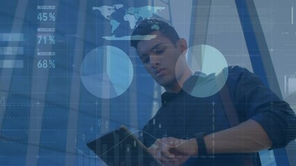Poster - Animation of infographic interface, low angle view of biracial man using digital tablet