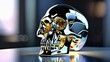Metal skull, chrome material, reflective surface