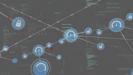 Poster - Animation of connected icons, computer language and binary codes over black background