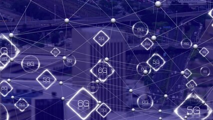 Poster - Animation of 6g text and connected dots over time-lapse of moving vehicles on street in city