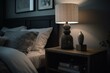 Modern bedroom featuring a black metal lamp on a wooden night table beside a gray bed draped in white linens. Generative AI