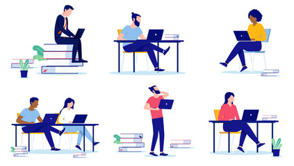 Wall Mural - Adult students vector collection - Set of illustration with people learning, doing research and taking education online with computers. Flat design with white background