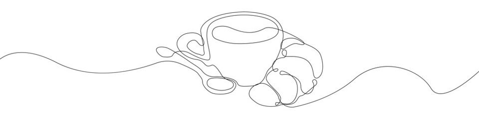 Poster - Breakfast icon line continuous drawing vector. One line Coffee with a croissant icon vector background. Milk, egg, croissant, apple, breakfast icon. Continuous outline of a Tea party icon.