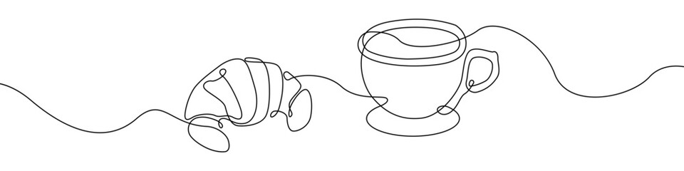 Poster - Breakfast icon line continuous drawing vector. One line Coffee with a croissant icon vector background. Milk, egg, croissant, apple, breakfast icon. Continuous outline of a Tea party icon.