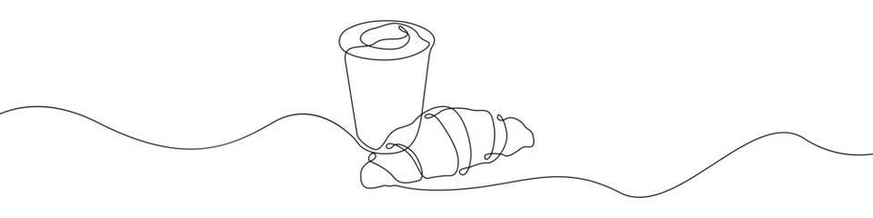 Poster - Breakfast icon line continuous drawing vector. One line Coffee with a croissant icon vector background. Milk, egg, croissant, apple, breakfast icon. Continuous outline of a Tea party icon.