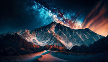 Beautiful Starry Night, Colorful Sky And Majestic Mountains Under The Milky Way Galaxy, Natural Landscape Background
