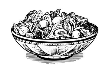 bowl vegetables salad ink sketch hand drawn. engraving style vector illustration.