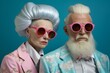 A funky, retro-inspired couple, wearing matching pink sunglasses and kitsch outfits, capture a moment of carefree joy, their faces glowing with delight