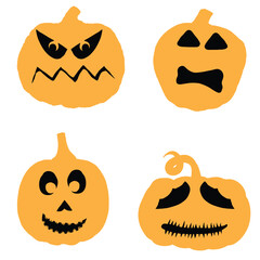 Wall Mural - Happy Halloween carving templates of pumpkin heads with faces and emotions. Collection of Halloween pumpkins silhouettes for carve and design decorations. Scary funny Jack O Lantern faces cut. Vector.