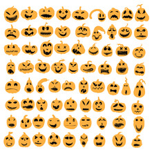 Halloween Faces And Pumpkins Icon Set. Spooky Orange Pumpkin Smiles On White Background. Emotional Pumpkin Face Gestures For Halloween Holiday And Design Decoration. Vector.