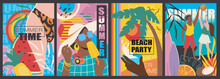 Summer Time Cover Brochure Set In Trendy Flat Design. Poster Templates With Happy Relax People At Beach Party, Eat Ice Cream And Watermelon And Fresh Fruits, Play Volleyball. Vector Illustration.