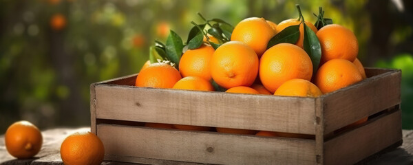 Delicious oranges in a wooden box on blurred orange garden background. Copy space