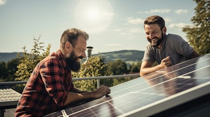 Happy solar panel owners on the roof of the house, LGBTQ solar panel owner