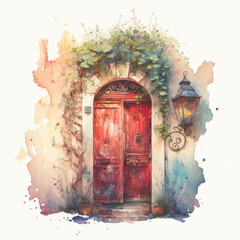 Wall Mural - Old Red Door Watercolor. Vintage Door, Lantern and grapevine. Magical Doorway in Fairy Tale House