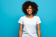 Black woman wearing white shirt mockup, at blue background. Design t-shirt template, print presentation mock-up. AI generated