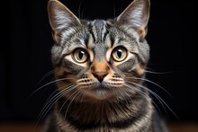 Closeup Portrait Of Gray Tabby Cat Isolated On Black Background
