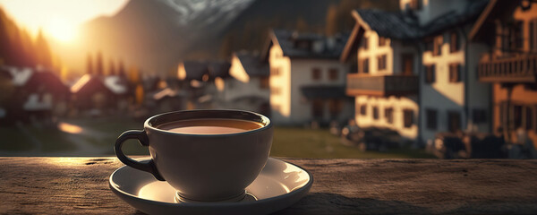 Cup of delicious coffee on background of Alps. Copy space