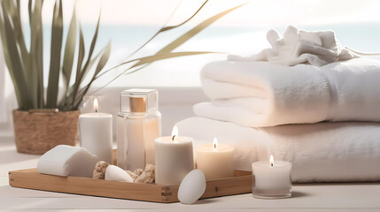 spa accessory composition set in day spa hotel, beauty wellness centre. spa product are placed in lu