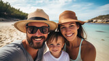 Fototapeta Do akwarium - Smiling family in hats on the beach. Family vacation on the Ionian coast.