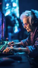 Elderly professional gamer playing online games computer