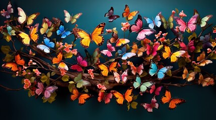  a bunch of butterflies that are on a tree branch together.  generative ai