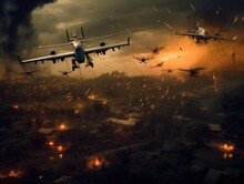 Generative AI Illustration Various War Planes Flying And Releasing Missiles While Bombing Modern City In Smoke And Fire At Night With Cloudy Sky
