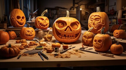 Poster -  a table with carved pumpkins and a carving knife on it.  generative ai