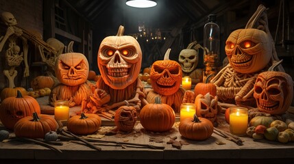 Wall Mural -  a table topped with carved pumpkins and carved heads with candles.  generative ai