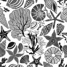 Sea. Seamless Vector Pattern With Sea Creatures On White. Perfect For Wallpaper, Wrapping, Fabric And Textile. Black And White.