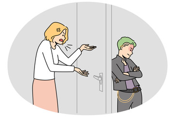 Wall Mural - Angry mother talking to teen goth child locked in room. Parent children relationship concept. Adolescence and growing up. Vector illustration.