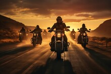 Collective Of Motorcyclists Cruising Together During Sunset. AI