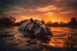 Sunset on the savannah: majestic hippo by the river., generative IA