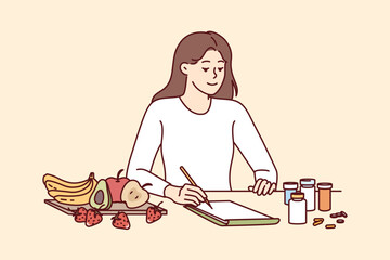 Woman nutritionist makes diet plan for client sitting at table with fruits and pills. Girl nutritionist comes up with recipe for alternative nutrition replacing use of pharmacology