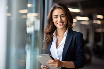 Successful young business woman looking confident holding a tablet and smiling looking at the camera