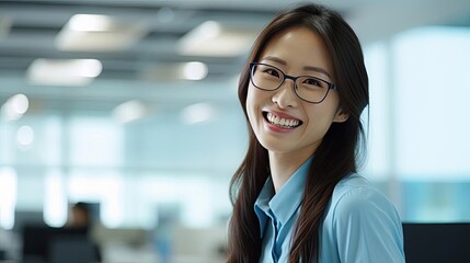 Wall Mural - Smiling female economist wearing glasses.