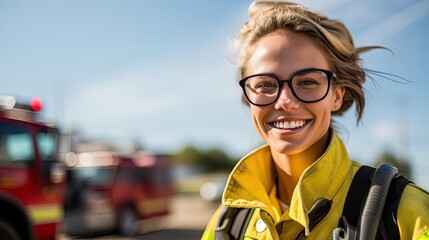 Wall Mural - Smiling female firefighter wearing glasses.