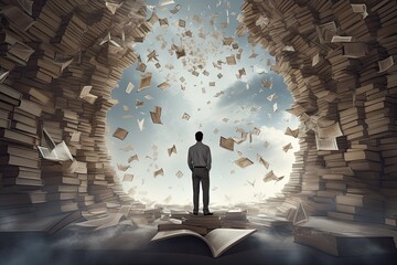 Back view of businessman standing on opened book and looking at flying books. Education concept, A man standing on an open book. floating pieces of the book above him. dyslexia concept, AI Generated
