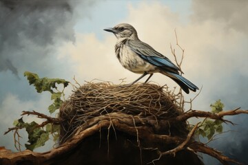 bird sitting on the nest in the clouds. Photo in old color image style, a painting of a bird sitting on top of a nest, AI Generated