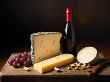 Digital Still Life Photo Of Cheese, Nuts, Grapes, Old Bottle Of Red Vine On A Rustic Background
