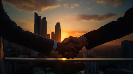 Firm handshake, made friendship, greeting, trust between two people, sunset background - created with generative AI technology