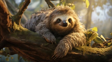 Poster -  a sloth sitting on a tree branch in a forest.  generative ai