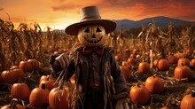  A Scarecrow In A Pumpkin Costume Standing In A Field Of Pumpkins.  Generative Ai