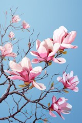 Wall Mural - Beautiful pink magnolia flowers on blue background. Illustration | Generative AI