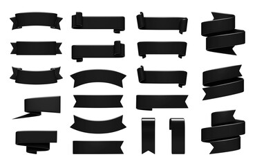 Poster - Black ribbon banner 3d render set. Text box in form of glossy curled and rolled tape for black friday sale sign.