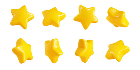 Floating yellow glossy star in different angles 3d illustration collection.