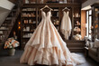 woman's pastel wedding dresses in wardrobe in bedroom